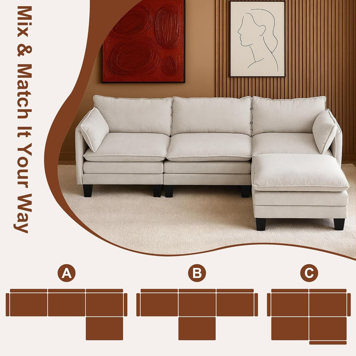 111-Inch Beige Modular Sectional Sofa