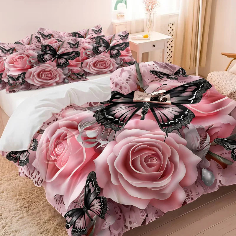 Pink Rose Black Butterfly Print Duvet Cover Set Lace Floral Bedding Soft Comforter