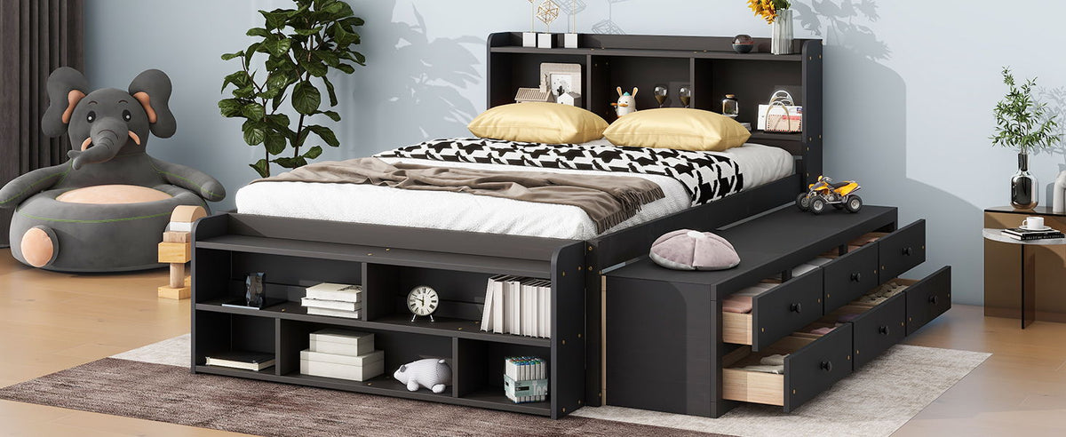 Storage Bed with Bookcase Headboard & Drawers