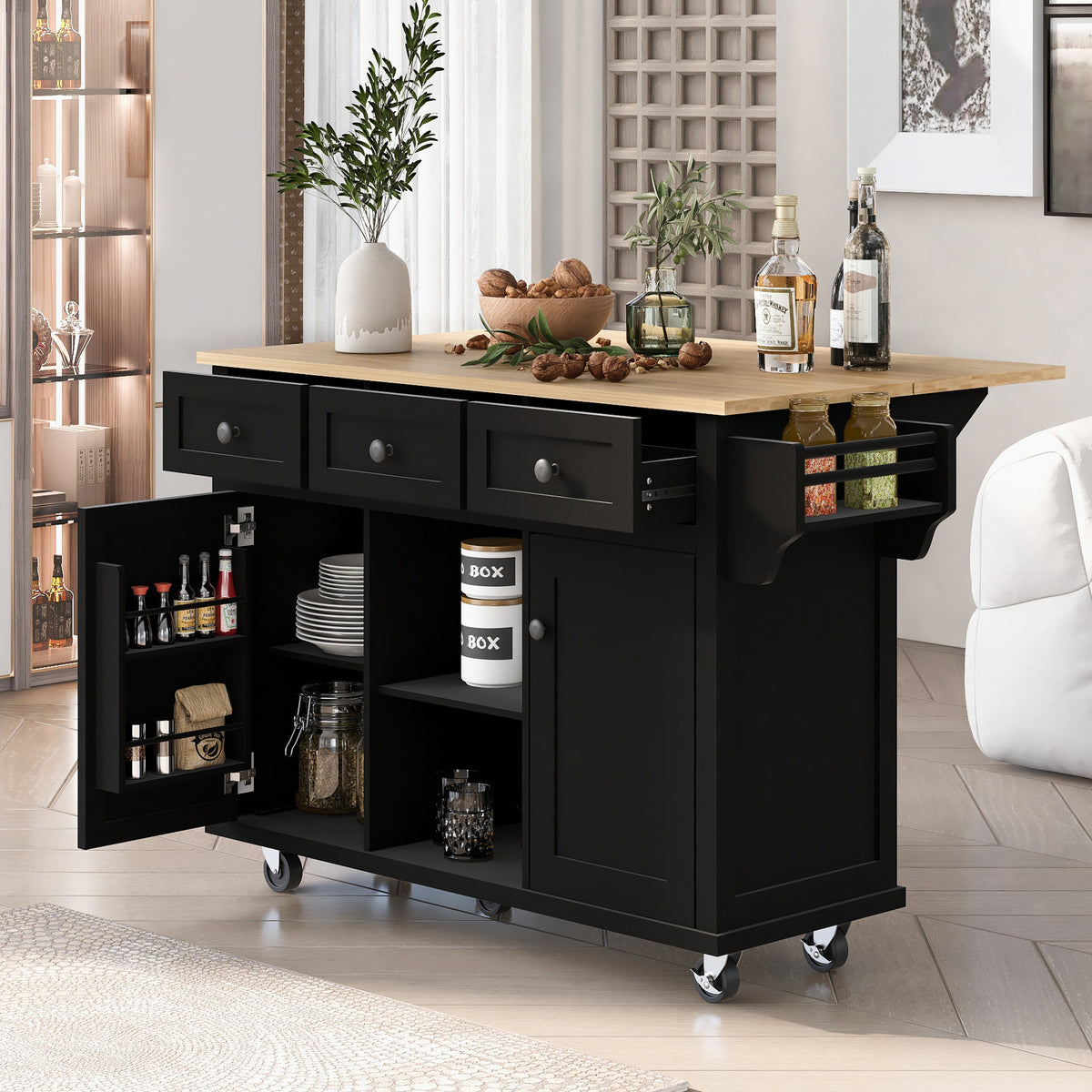 Kitchen trolley with rubber wood leaf countertop