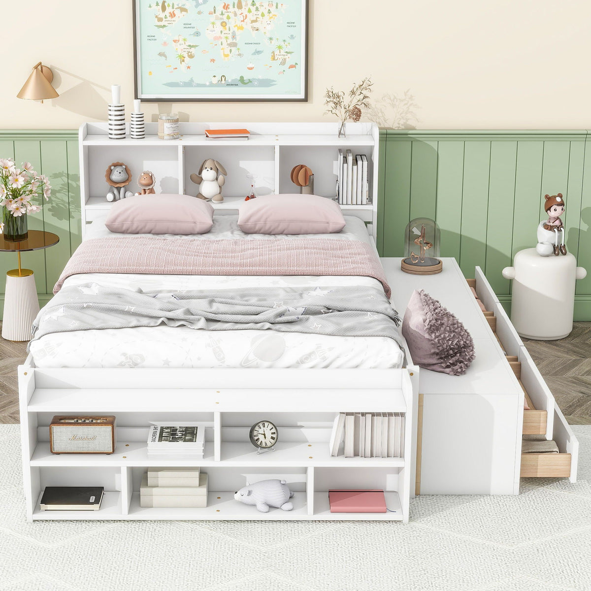 Storage Bed with Bookcase Headboard & Drawers