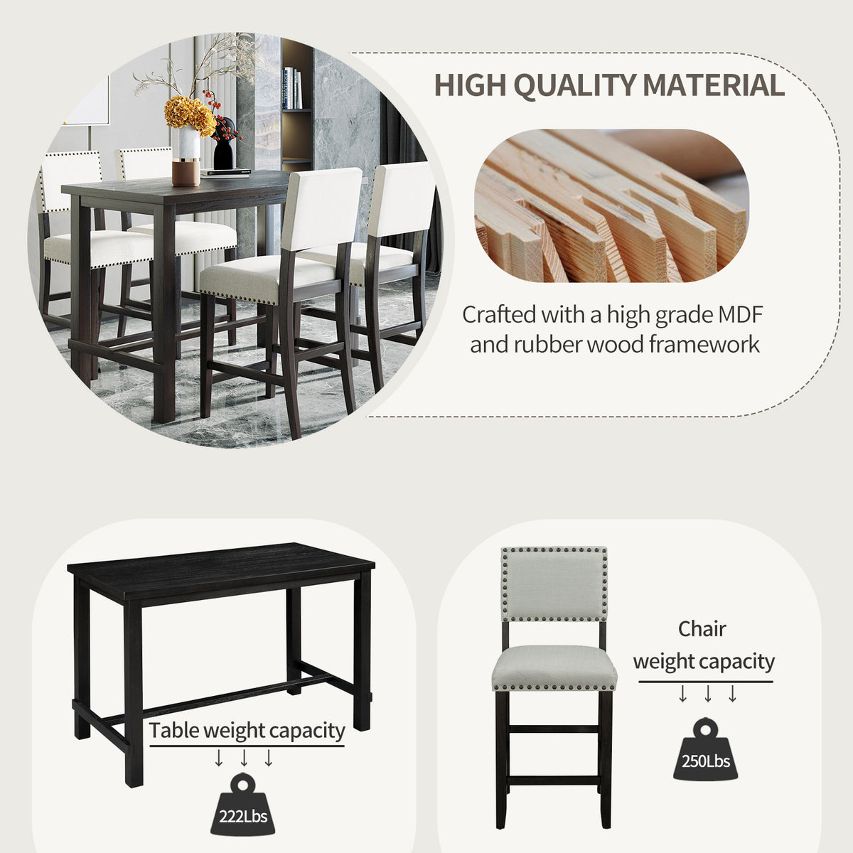 Espresso & Beige Counter-Height Dining Set