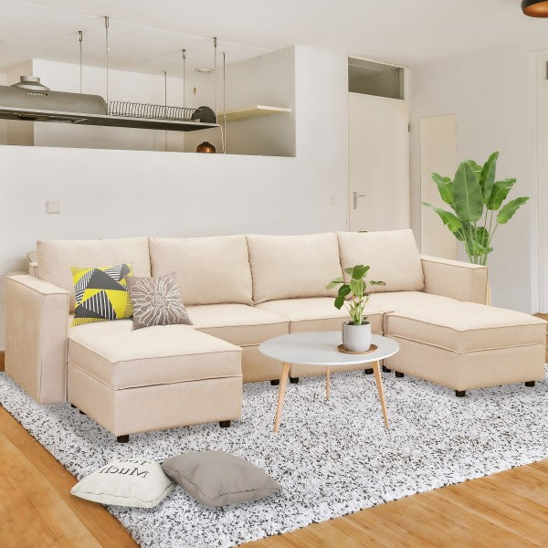 Beige U-Shaped Six-Seat Modular Sofa with Storage