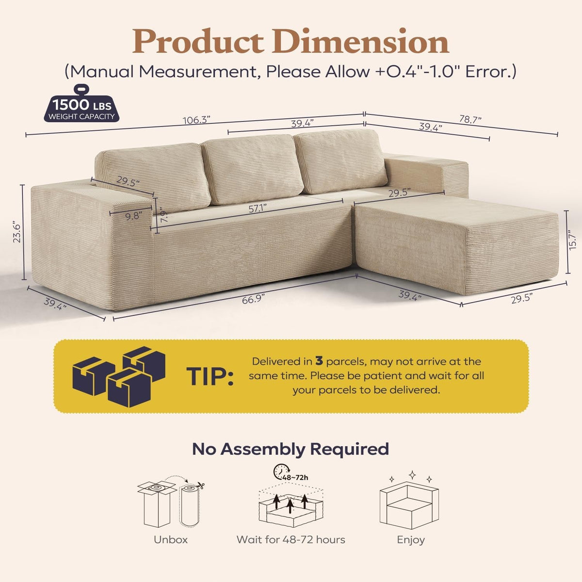106-Inch Beige Cloud Sectional Sofa