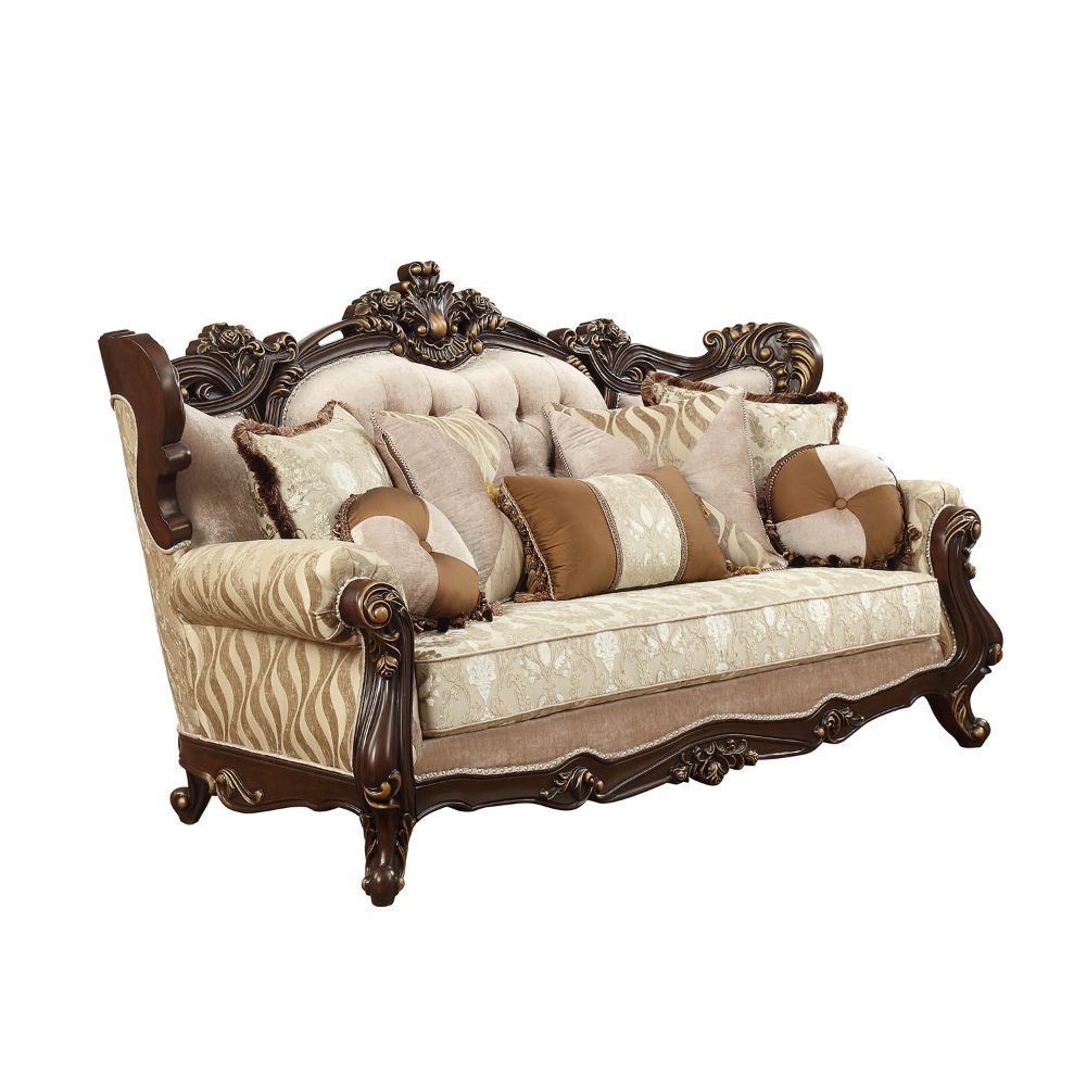 Shalisa Fabric & Walnut Sofa with Seven Pillows