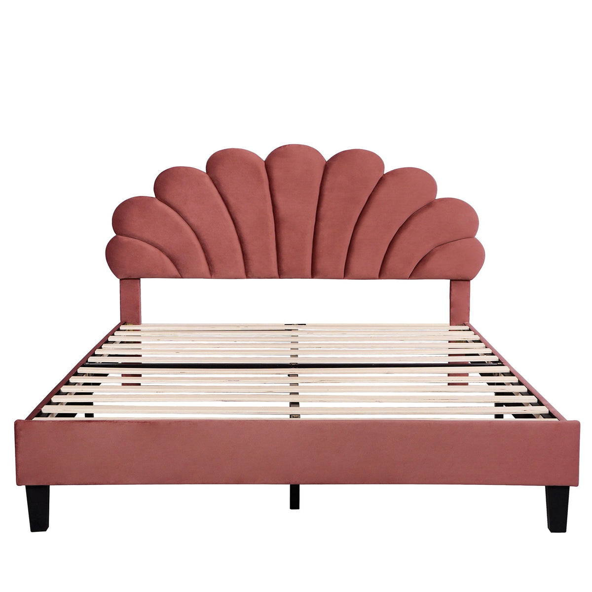 Upholstered Platform Bed With Flower Pattern Headboard
