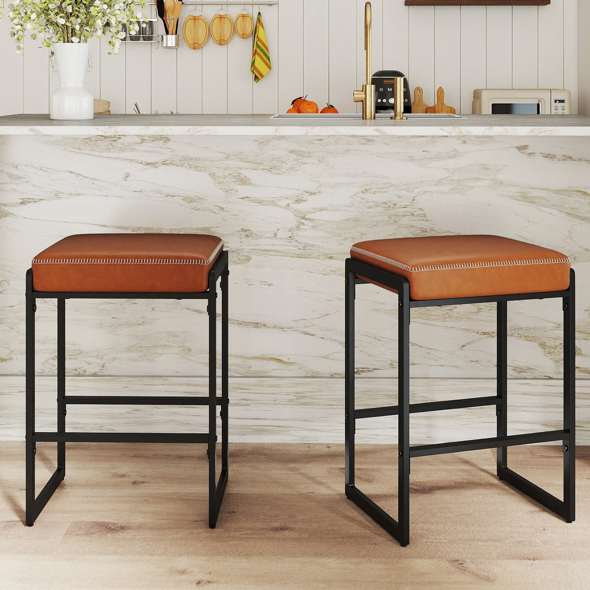 26 inch Bar Stools Set of 4 Counter Height Barstools with Faux Leather Upholstered
