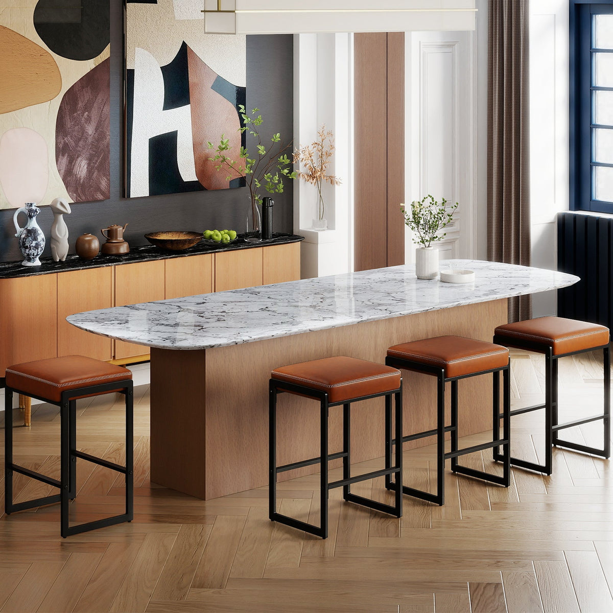 26 inch Bar Stools Set of 4 Counter Height Barstools with Faux Leather Upholstered