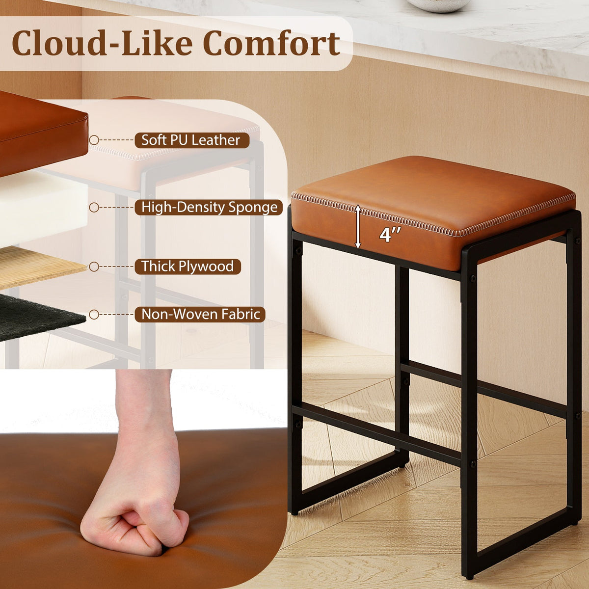 26 inch Bar Stools Set of 4 Counter Height Barstools with Faux Leather Upholstered