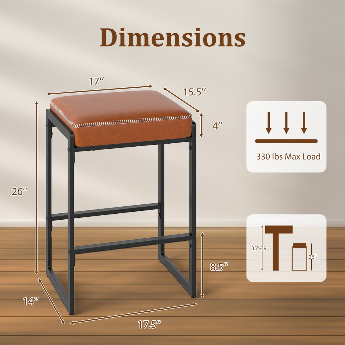 26 inch Bar Stools Set of 4 Counter Height Barstools with Faux Leather Upholstered