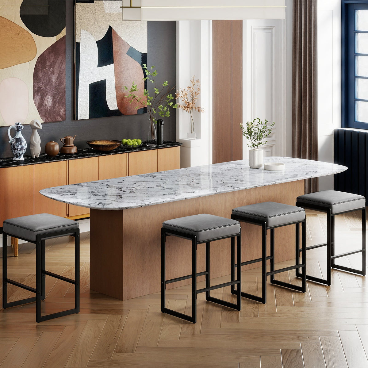 26 inch Bar Stools Set of 4 Counter Height Barstools with Faux Leather Upholstered