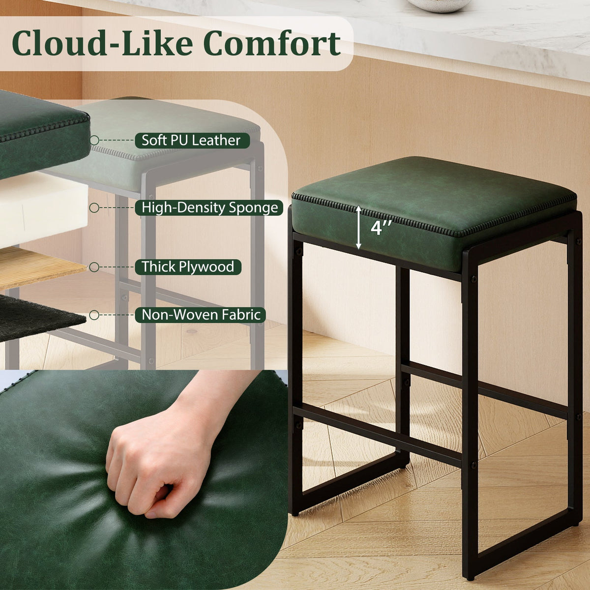26 inch Bar Stools Set of 4 Counter Height Barstools with Faux Leather Upholstered