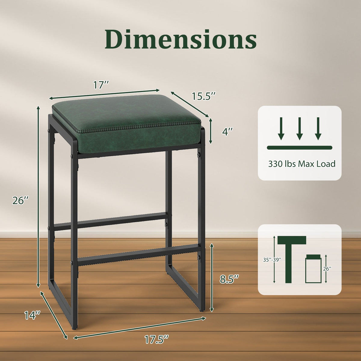 26 inch Bar Stools Set of 4 Counter Height Barstools with Faux Leather Upholstered