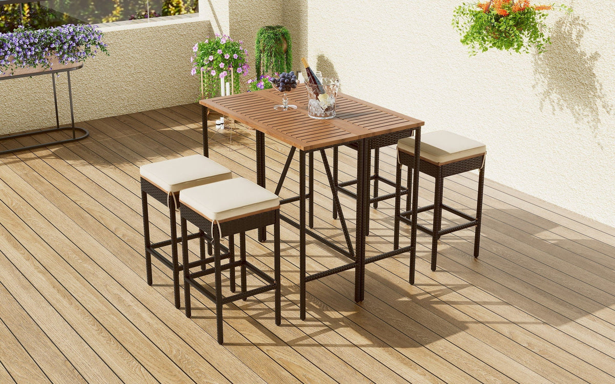 Outdoor Acacia Wood Bar Height Table and Eight Stools with Cushions