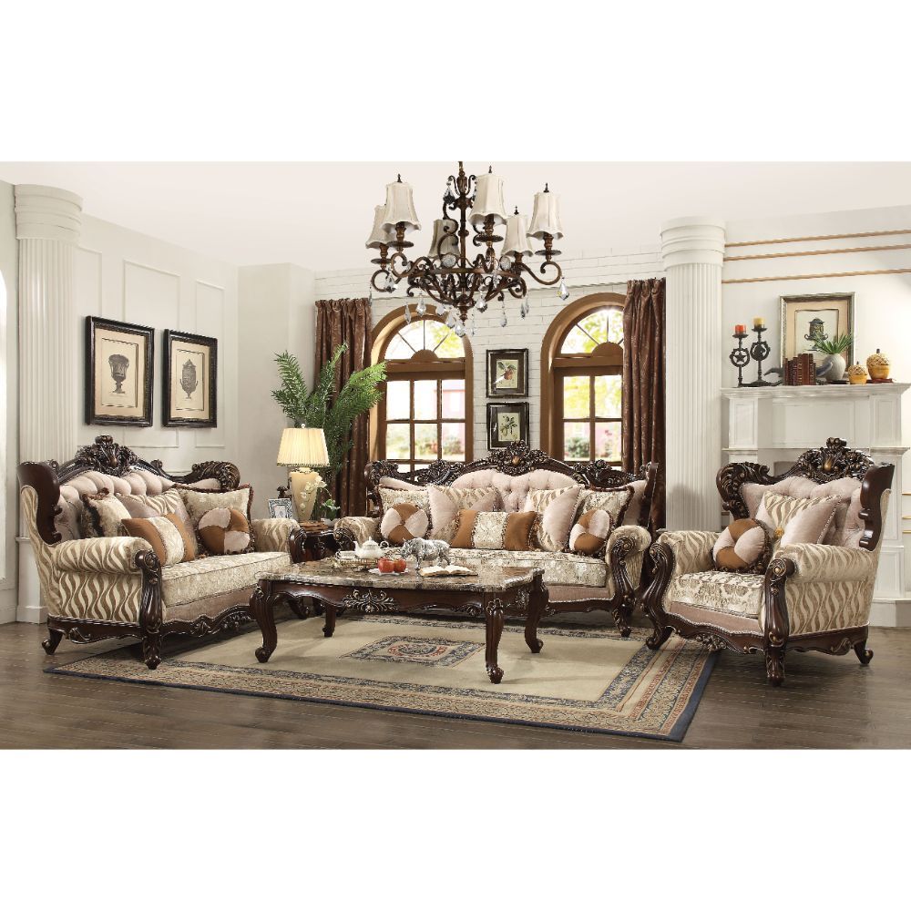Shalisa Fabric & Walnut Sofa with Seven Pillows
