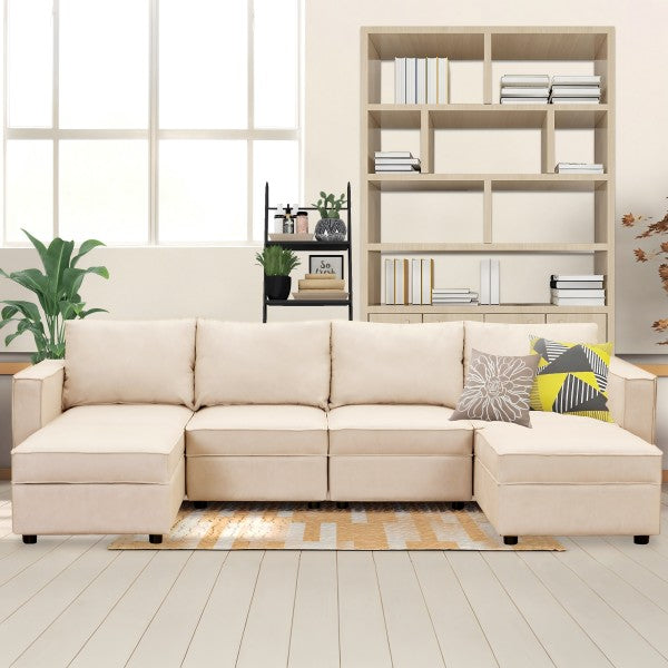Beige U-Shaped Six-Seat Modular Sofa with Storage