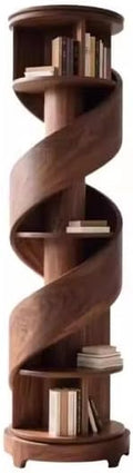 Black Walnut Wood Rotating Bookshelf 360° Spiral Freestanding Display Shelf for Living Room(Black Gold Wood)