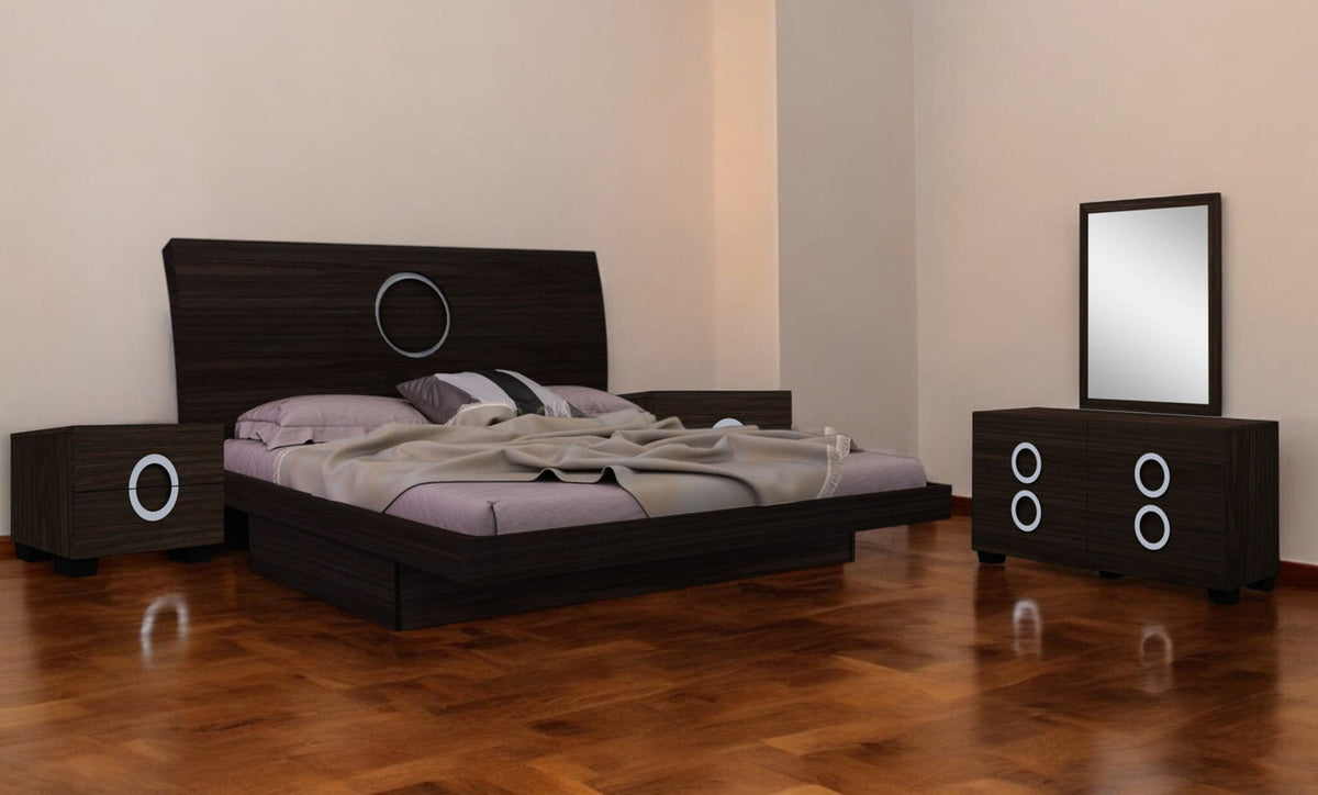 Four-Piece Brown Solid Wood Bedroom Set with Mirror