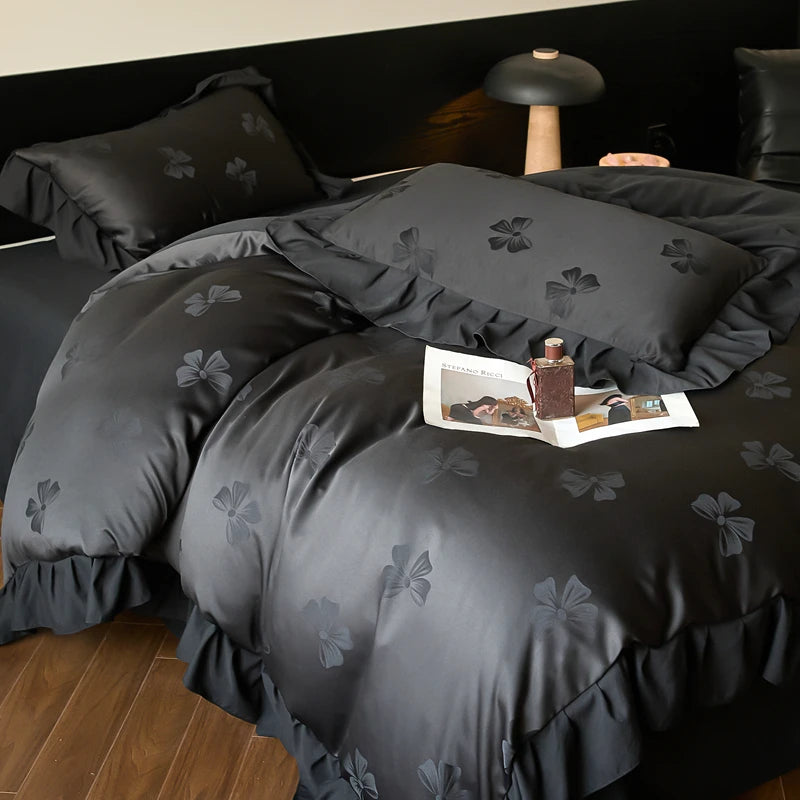 Jacquard Duvet Cover Set with Lace Washed Cotton Queen/King Size Black Comforter