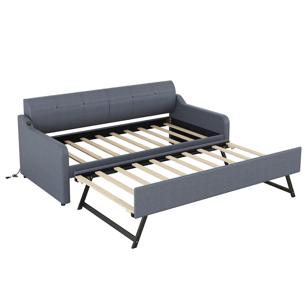 Twin Size Upholstery DayBed with Trundle and USB Charging Design Trundle can be