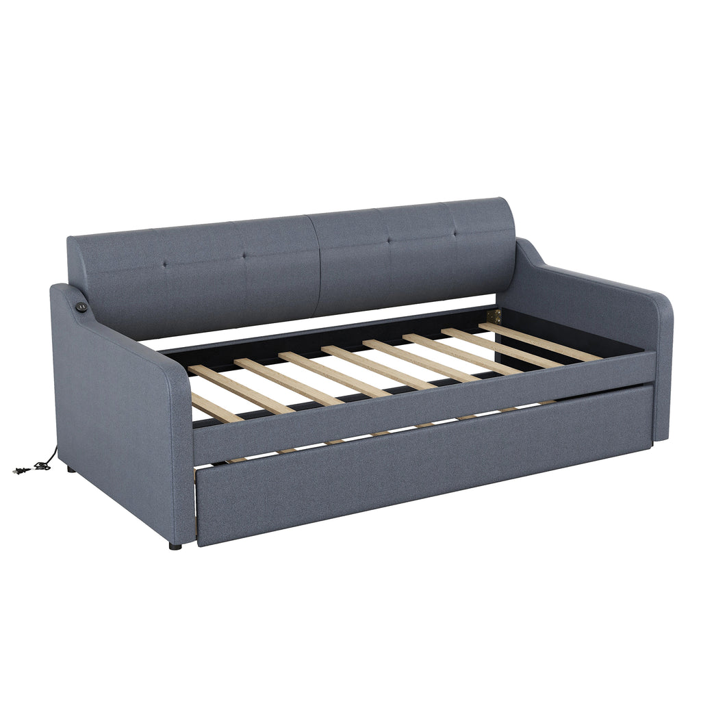 Twin Size Upholstery DayBed with Trundle and USB Charging Design Trundle can be