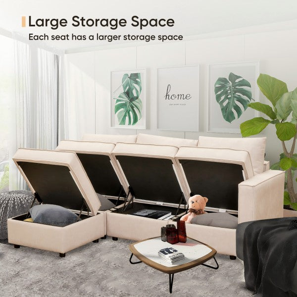 Beige U-Shaped Six-Seat Modular Sofa with Storage