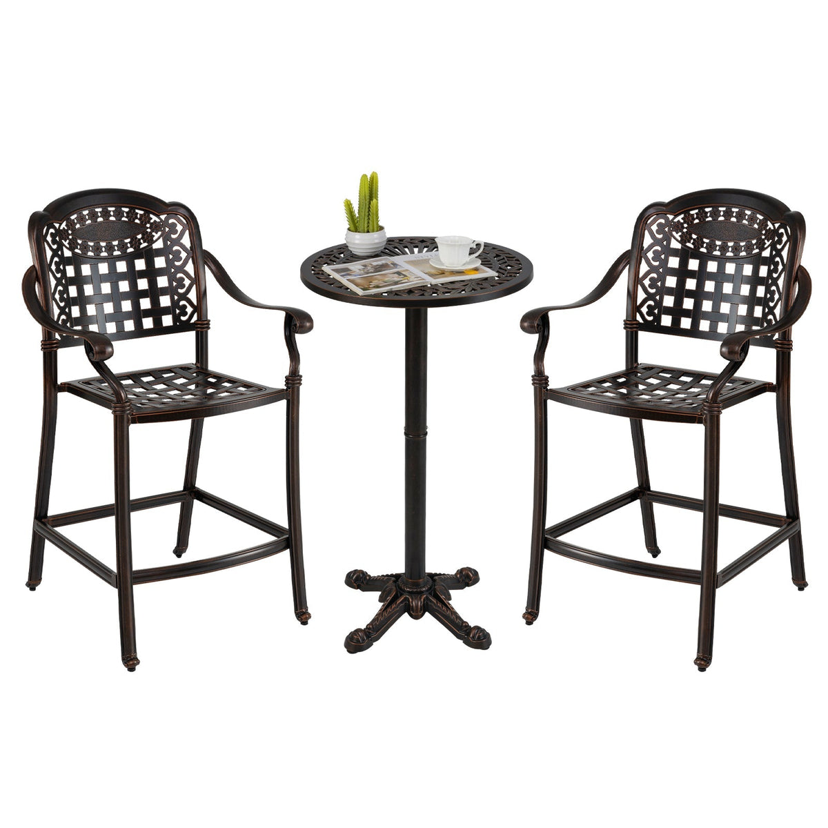 3 Piece Patio Bar Set Outdoor Cast Aluminum Round High Top Table 2 Counter Height