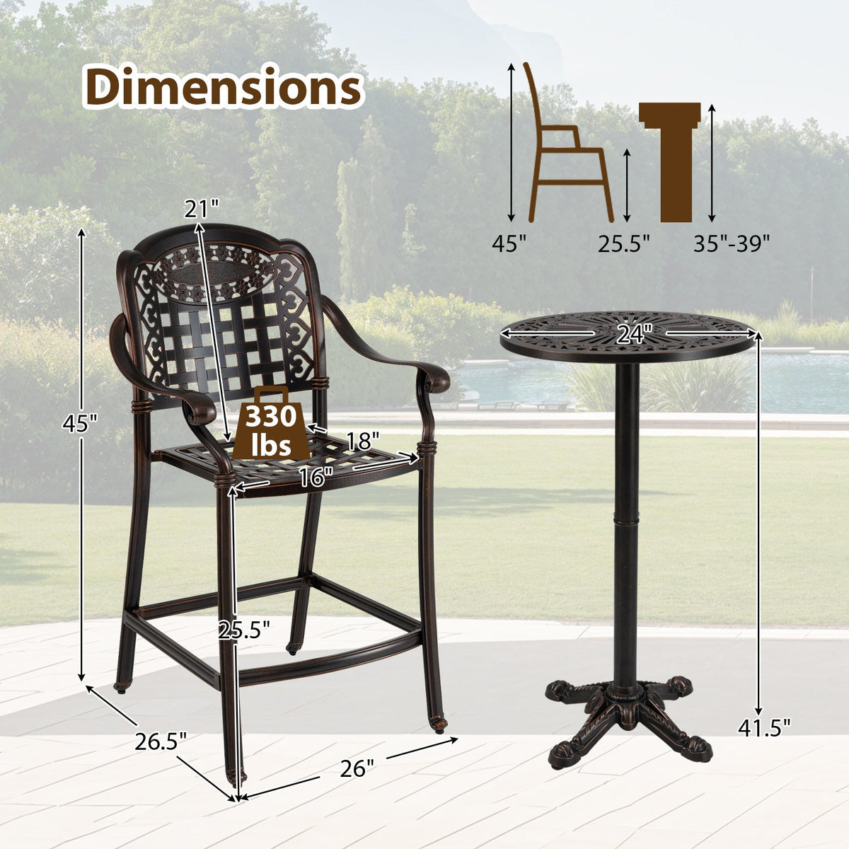3 Piece Patio Bar Set Outdoor Cast Aluminum Round High Top Table 2 Counter Height