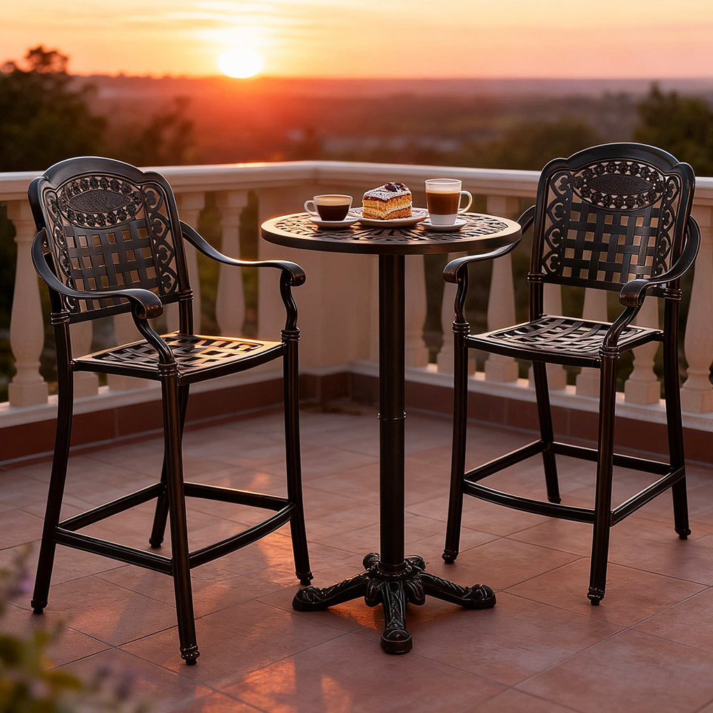 3 Piece Patio Bar Set Outdoor Cast Aluminum Round High Top Table 2 Counter Height