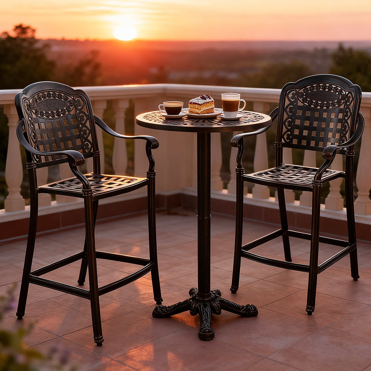 3 Piece Patio Bar Set Outdoor Cast Aluminum Round High Top Table 2 Counter Height