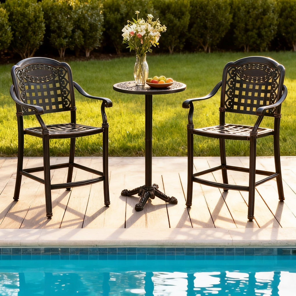 3 Piece Patio Bar Set Outdoor Cast Aluminum Round High Top Table 2 Counter Height