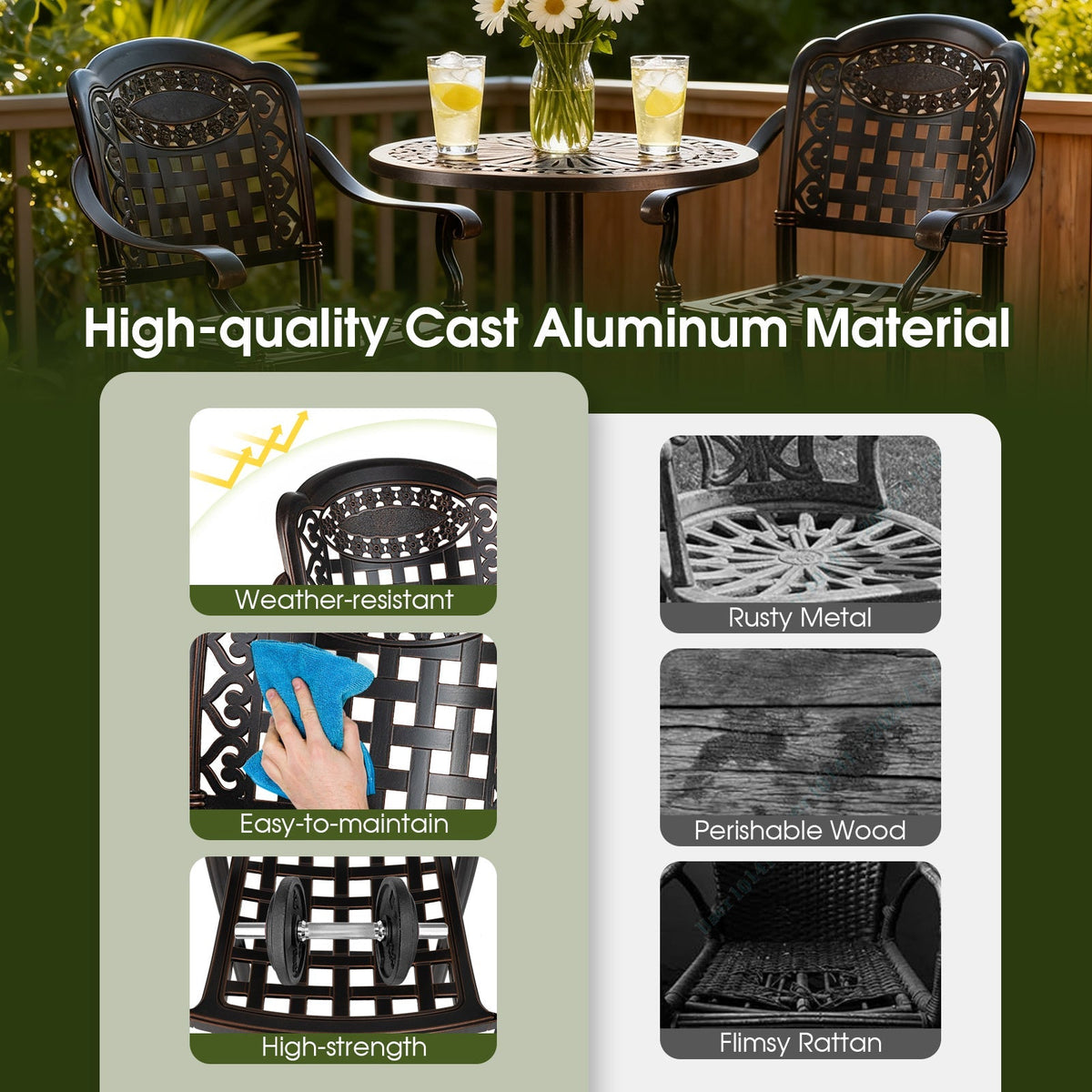 3 Piece Patio Bar Set Outdoor Cast Aluminum Round High Top Table 2 Counter Height