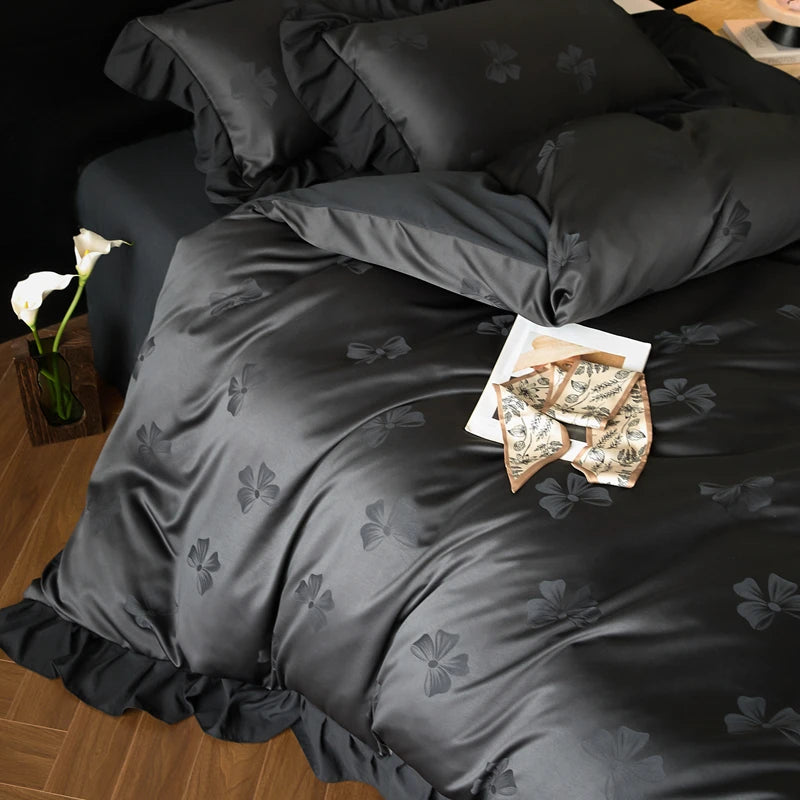 Jacquard Duvet Cover Set with Lace Washed Cotton Queen/King Size Black Comforter