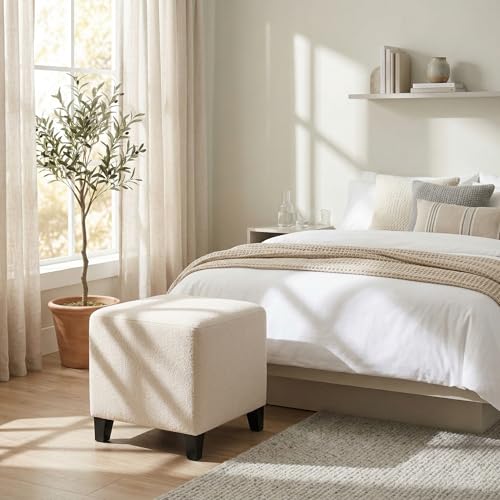 16.3-Inch Cream Linen Cube Ottoman