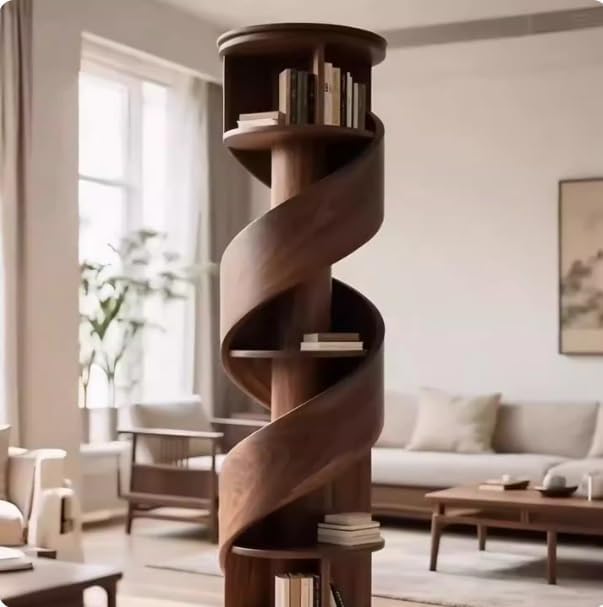 Black Walnut Wood Rotating Bookshelf 360° Spiral Freestanding Display Shelf for Living Room(Black Gold Wood)
