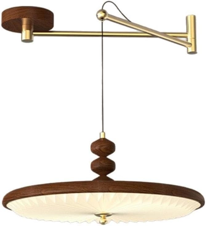 Swing Arm Pendant Light, Walnut Wood Finish Iron Hanging Lamp