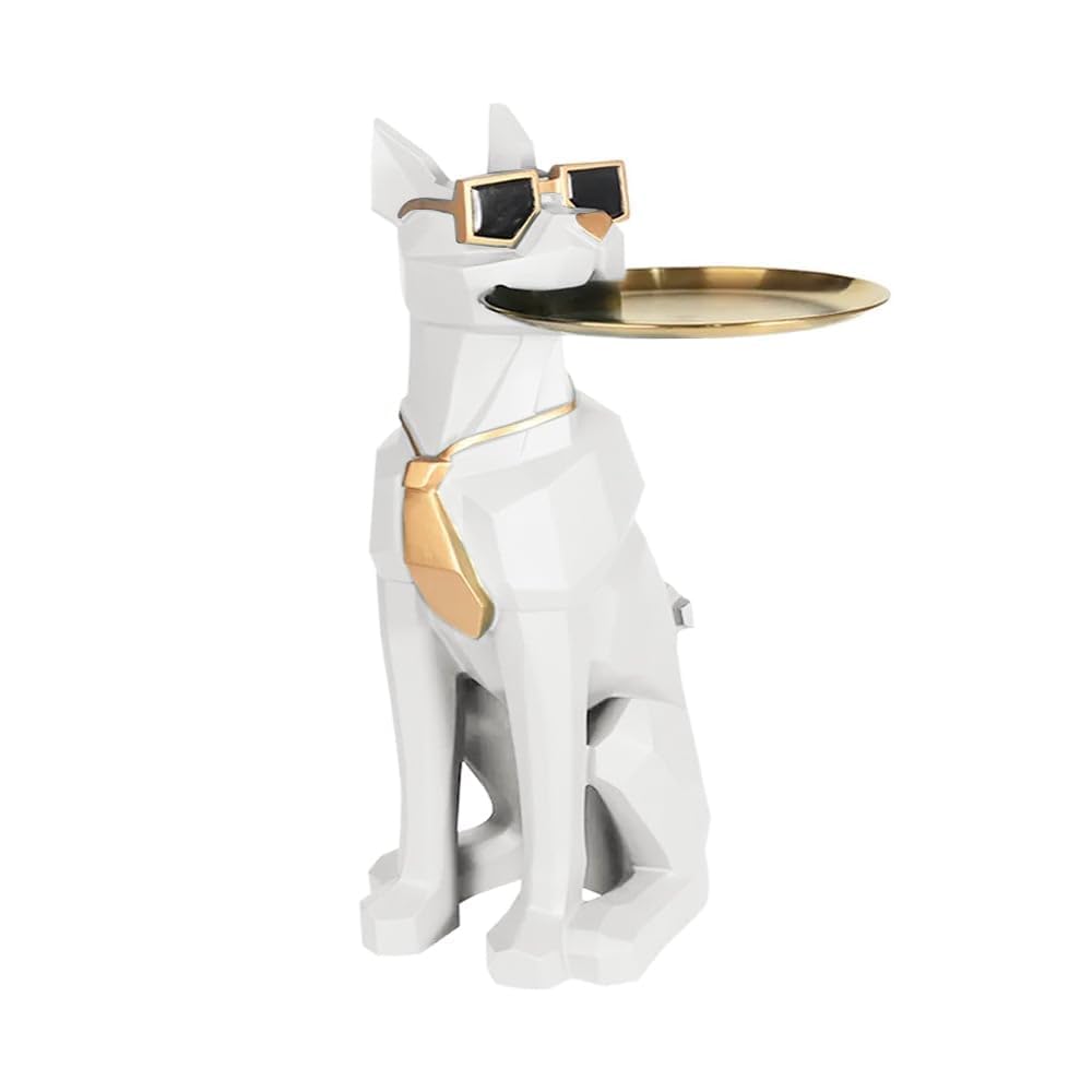 Whimsical Cat Sculpture Side Table with Gold Tray
