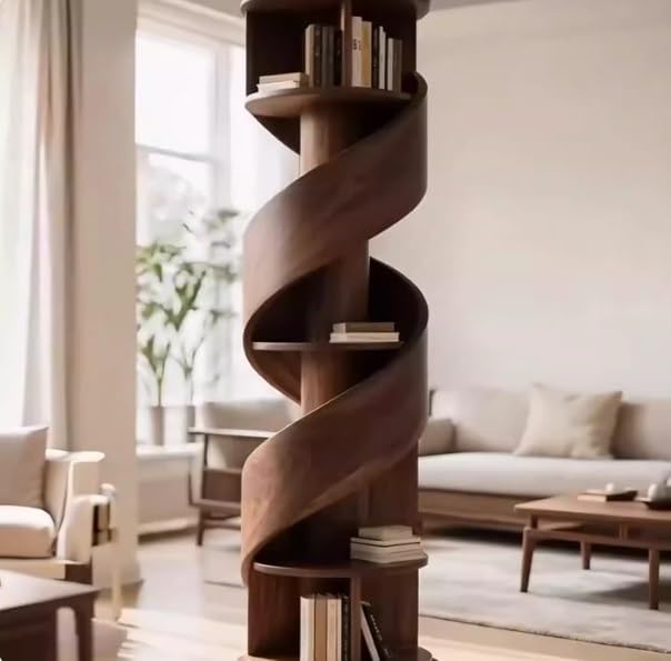 Black Walnut Wood Rotating Bookshelf 360° Spiral Freestanding Display Shelf for Living Room(Black Gold Wood)