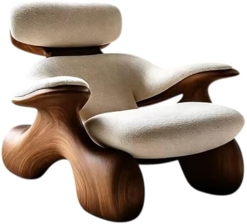 Black Walnut Cat Accent Loveseat with Cream Upholstery, Modern Sculptural Wood Sofa for Living Room, Bedroom, Reading Nook and Apartment