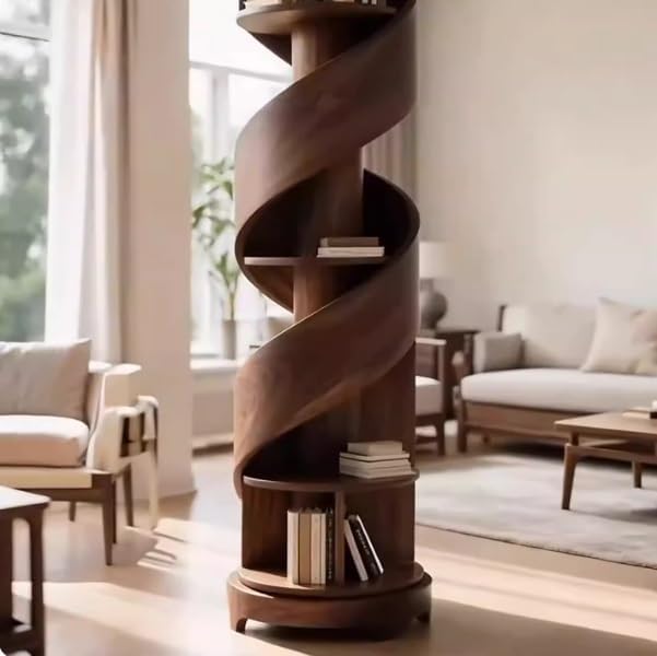 Black Walnut Wood Rotating Bookshelf 360° Spiral Freestanding Display Shelf for Living Room(Black Gold Wood)