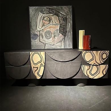 Multi-Door Black Sideboard Cabinet for Dining Room, Black Oak Wood, Geometric Marbled Detailing (Style B)