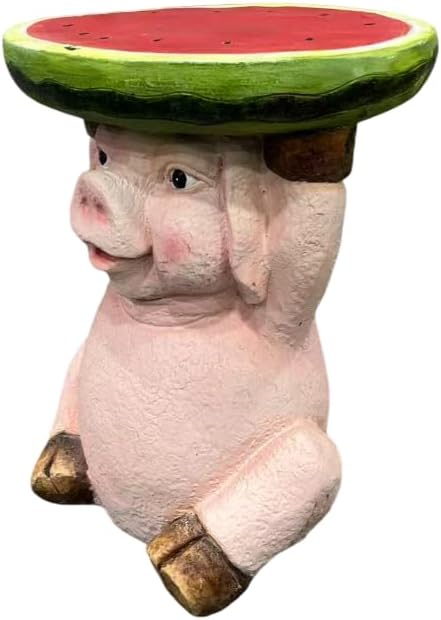 13.4" Cute Pig Side Table w/ Watermelon Top, Resin Plant Stand, Pink+Red