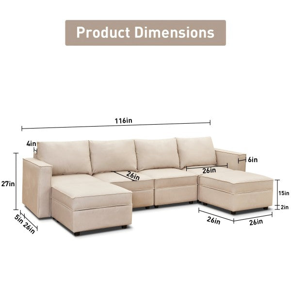 Beige U-Shaped Six-Seat Modular Sofa with Storage