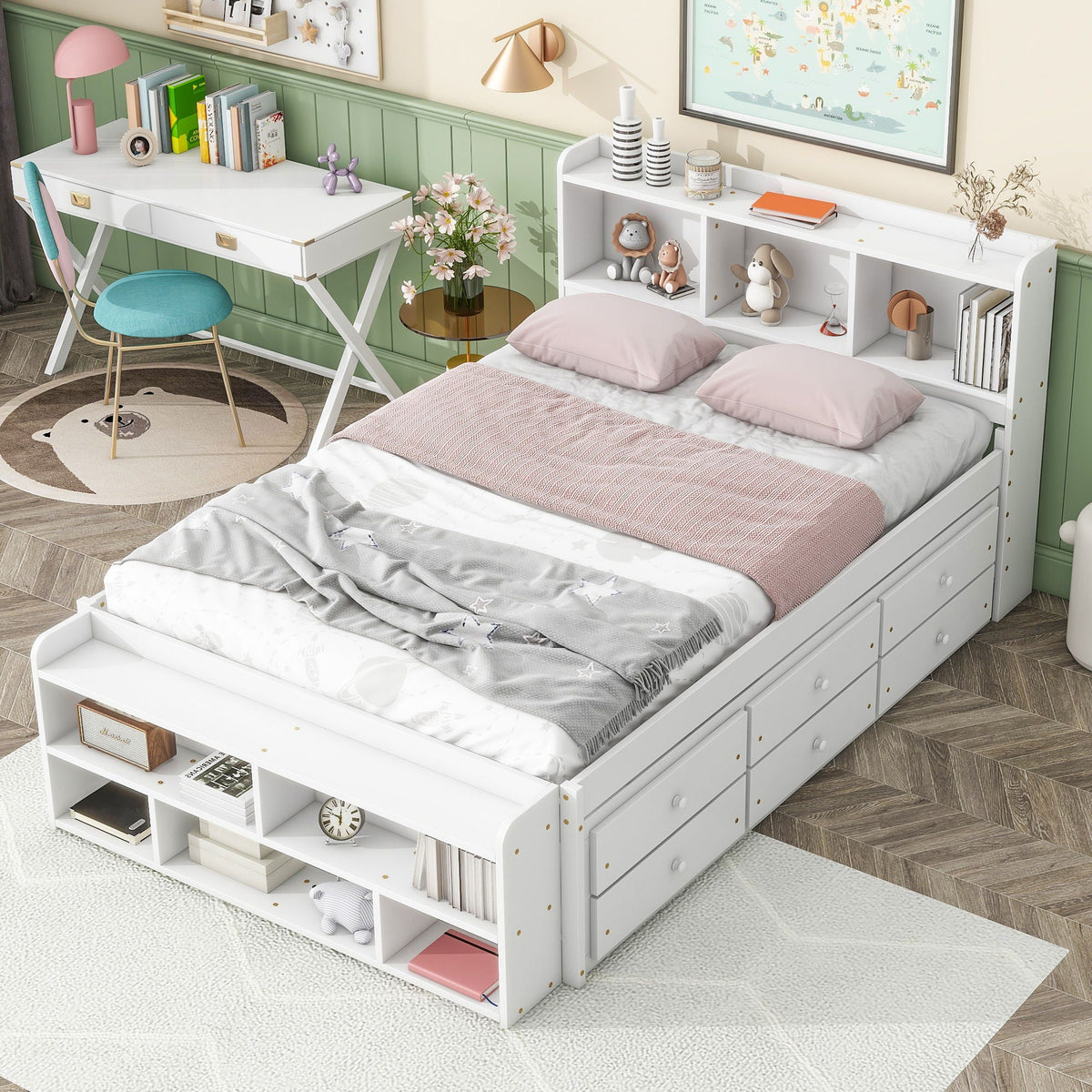 Storage Bed with Bookcase Headboard & Drawers