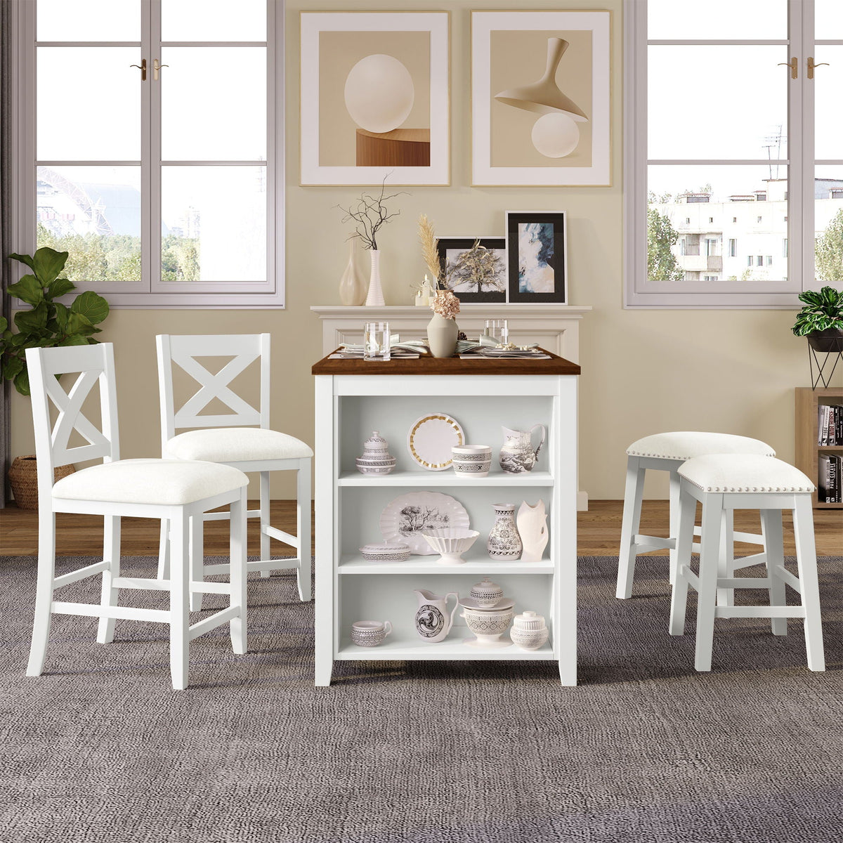 5 Pieces Counter Height Rustic Farmhouse Dining Room Wooden Bar Table Set With 2