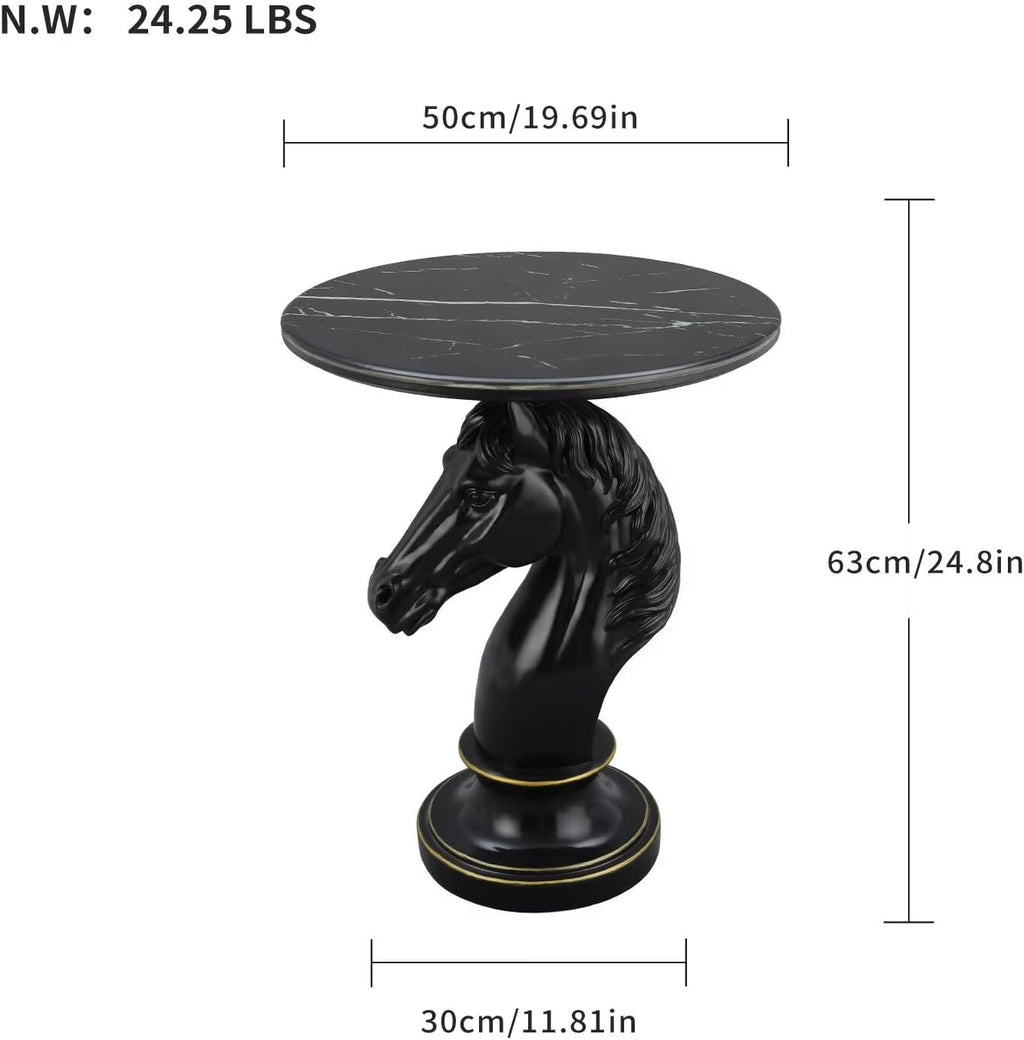 Modern End Table Living Room Black Horse Statue Base Faux Marble Night Stand 20"