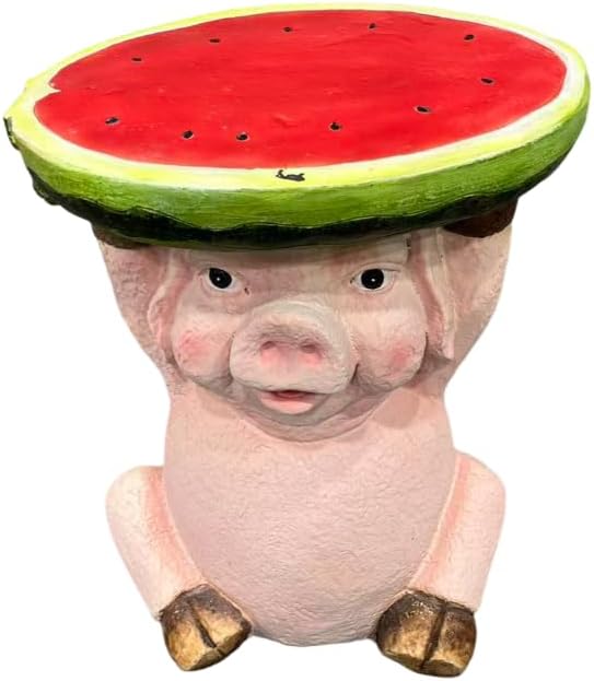 13.4" Cute Pig Side Table w/ Watermelon Top, Resin Plant Stand, Pink+Red