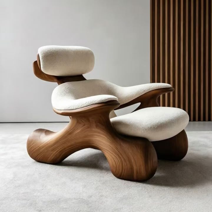 Black Walnut Cat Accent Loveseat with Cream Upholstery, Modern Sculptural Wood Sofa for Living Room, Bedroom, Reading Nook and Apartment