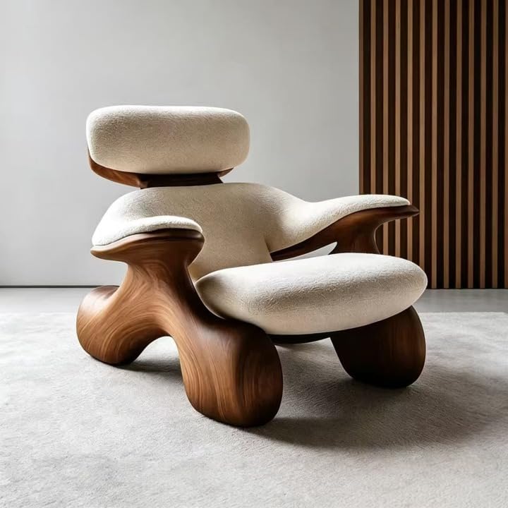 Black Walnut Cat Accent Loveseat with Cream Upholstery, Modern Sculptural Wood Sofa for Living Room, Bedroom, Reading Nook and Apartment