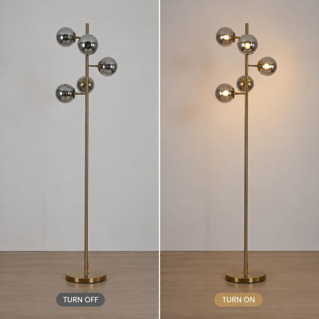 BOKT Gold 5-Light 67'' Tall Floor Lamp Smoked Glass Globes Standing Lamp